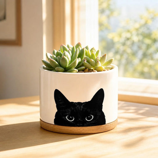 Black Cat Ceramic Plant Pot,Cute Kitty Face Planter,Oil Painting Cat Design,Minimalist Succulent Planter,Playful Home Decor,Cat Lover Gift