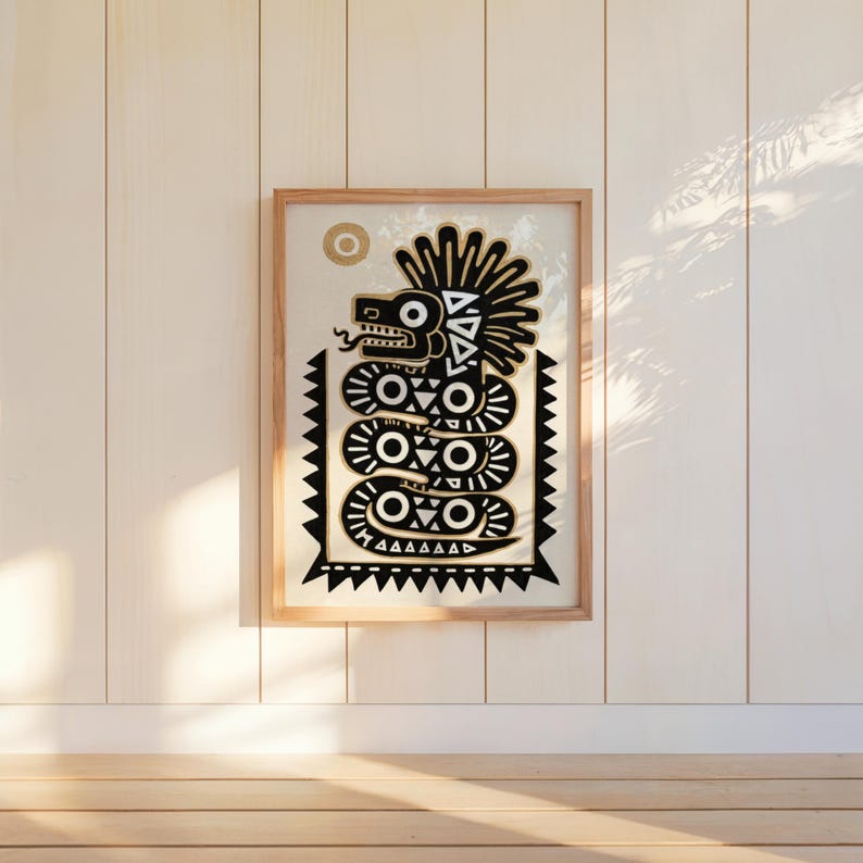 Quetzalcoatl Print, Traditional Mexican Folk Art, Aztec Serpent Wall Decor, Indigenous Latin Mythology Poster, Mexico Tribal Snake Gift