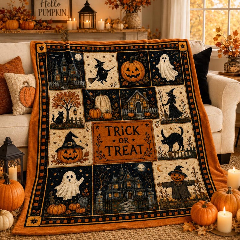 Vintage Halloween Flannel Blanket,Trick or Treat Pumpkin Ghost Witch Black Cat Throw,Spooky Autumn Home Decor,Cozy Fall Gift for Her Autumn