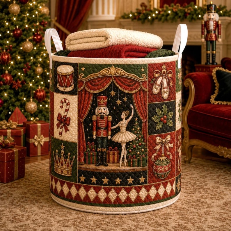 Christmas Quilted Laundry Basket, Nutcracker Christmas Hamper, Ballet Storage Basket, Holiday Laundry Room Decor, Xmas Blanket Organizer