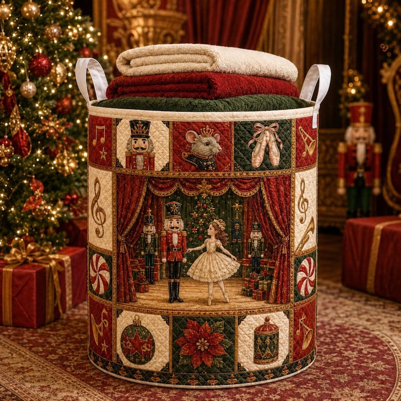 Christmas Quilted Laundry Basket, Nutcracker Christmas Hamper, Ballet Storage Basket, Holiday Laundry Room Decor, Xmas Blanket Organizer