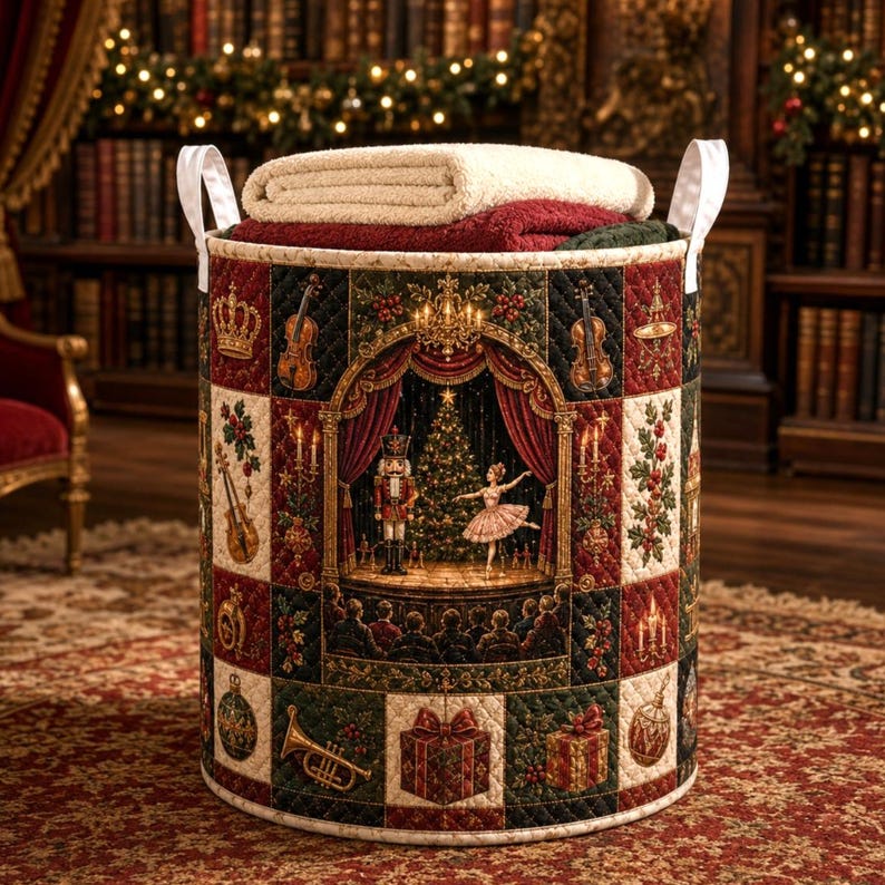 Christmas Quilted Laundry Basket, Nutcracker Christmas Hamper, Ballet Storage Basket, Holiday Laundry Room Decor, Xmas Blanket Organizer