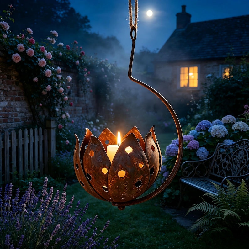 Metal Rusty Tulip candlestick figurine decoration item,Rustic Yard Art,Outdoor Bell Lawn Decor
