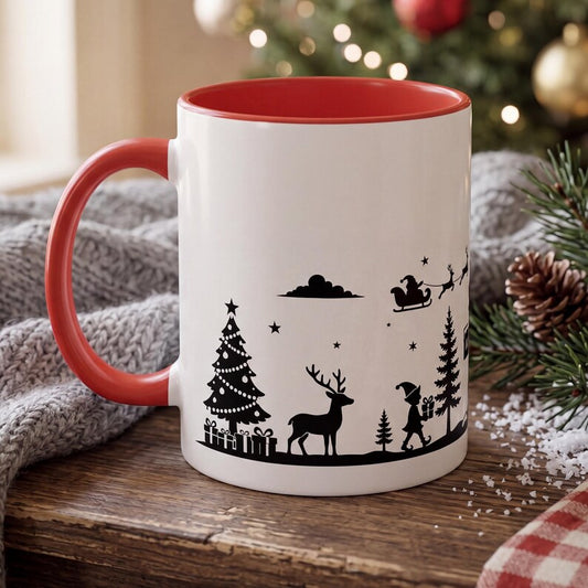 North Pole Christmas Mug, Minimalist Santa Mug, Silhouette Winter Mug, Black and White Christmas Cup, Santa Sleigh Mug, Holiday Gift Mug