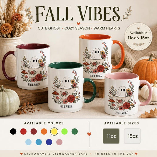 Fall Vibes Ghost Mug, Floral Teacup Halloween Coffee Cup, Cottagecore Autumn Ceramic
