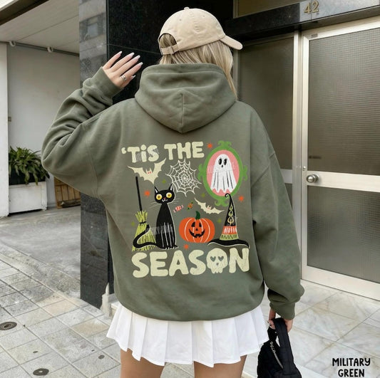 Tis the Season Halloween Hoodie, Retro Halloween Hoodie, Ghost Skeleton Pumpkin Halloween Hooded Sweatshirt, Y2K Halloween, Women's Fall Top