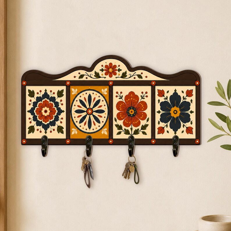 Vintage Folk Floral Wooden Key Holder for Wall: Tile Pattern Entryway Hanger