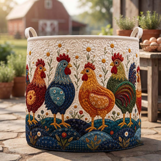 Floral Chicken Quilted Laundry Hamper: Farmhouse Storage Bin, Cute Rooster Hamper