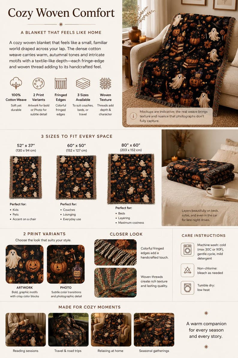 Halloween Woven Blanket Gothic Autumn Throw Cozy Fall Blanket Black Cat Ghost Pumpkin Decor Witchy Home Gift