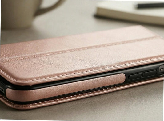 Vegan Leather Folio Phone Case, PU Flip Cover for iPhone 17 & Samsung S24, Vegan Leather Wallet Case, Protective TPU Bumper