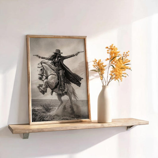 Gunslinger Cowgirl Poster, Wild West Horse Riding Wall Art, Vintage Outlaw Photography, Western Female Cowboy with Guns Living Room Decor