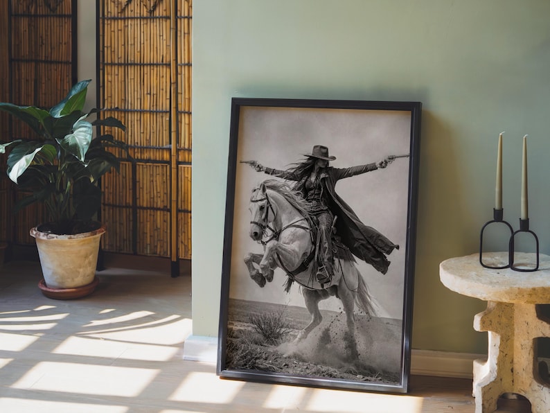 Gunslinger Cowgirl Poster, Wild West Horse Riding Wall Art, Vintage Outlaw Photography, Western Female Cowboy with Guns Living Room Decor