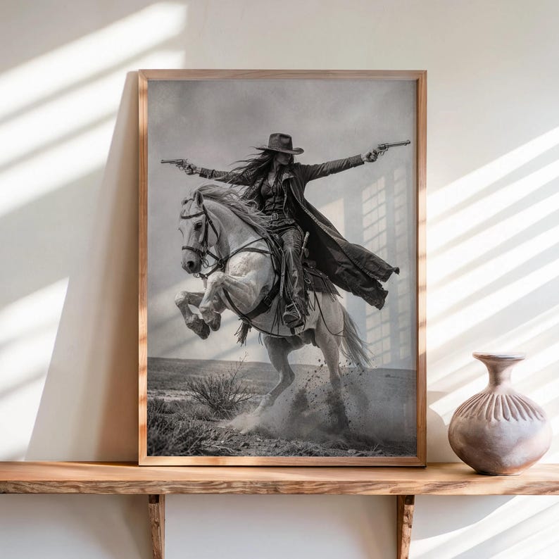 Gunslinger Cowgirl Poster, Wild West Horse Riding Wall Art, Vintage Outlaw Photography, Western Female Cowboy with Guns Living Room Decor