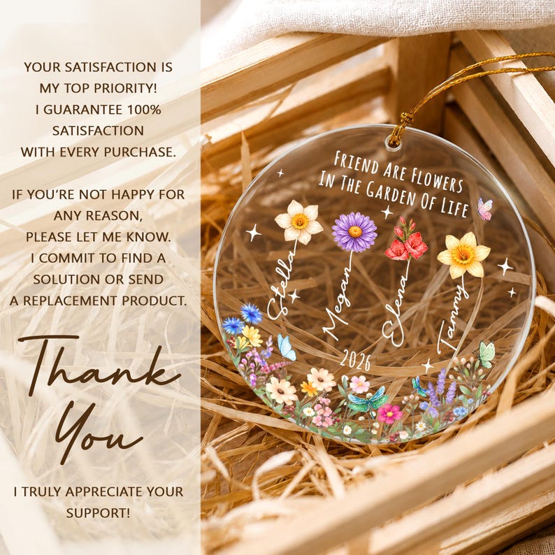 Personalized Friend Glass Ornament, Wildflower Friendship Keepsake