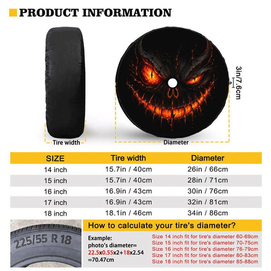 Fiery Demon Face Spare Tire Cover, Horror Halloween Wheel Protector (Optional Camera Hole)