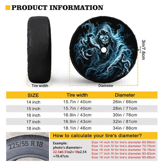 Blue Grim Reaper Spare Tire Cover, Scary Halloween Wheel Protector (Optional Camera Hole)
