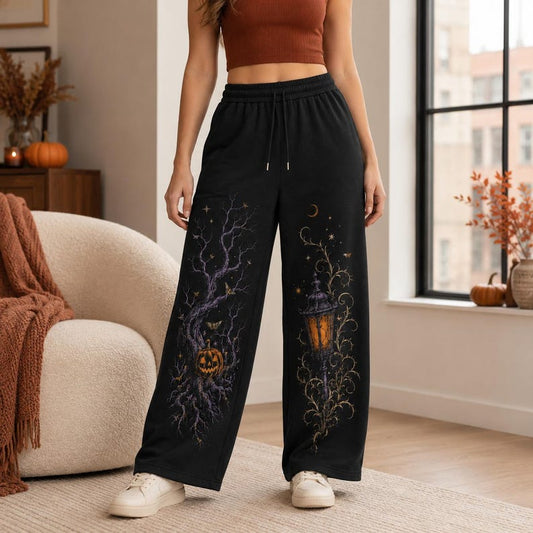 Halloween Wide Leg Sweatpants for Women, Gothic Pumpkin Tree Lounge Pants, Spooky Lantern Joggers, Witchy Fall Streetwear, Halloween Gift
