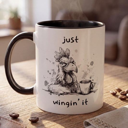Just Wingin It Mug, Funny Chicken Coffee Mug, Sarcastic Coffee Mug, Funny Gift for Coworker, Tired Chicken Mug, Funny Morning Mug