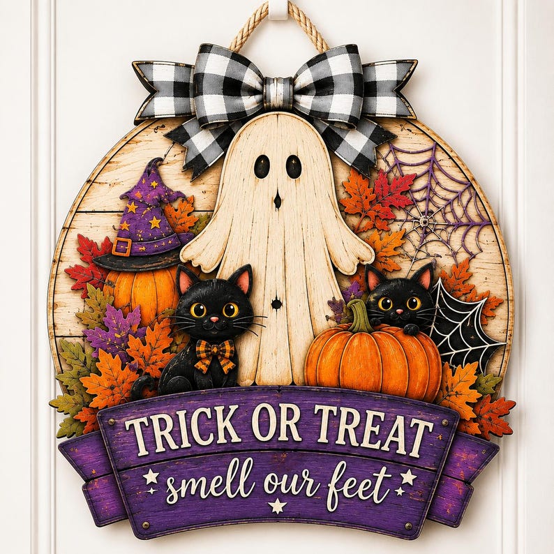 Halloween Wood Sign, Trick Or Treat Smell Our Feet, Ghost Cat Pumpkin Porch Decor, Spooky Fall Door Hanger, Custom Halloween Gift