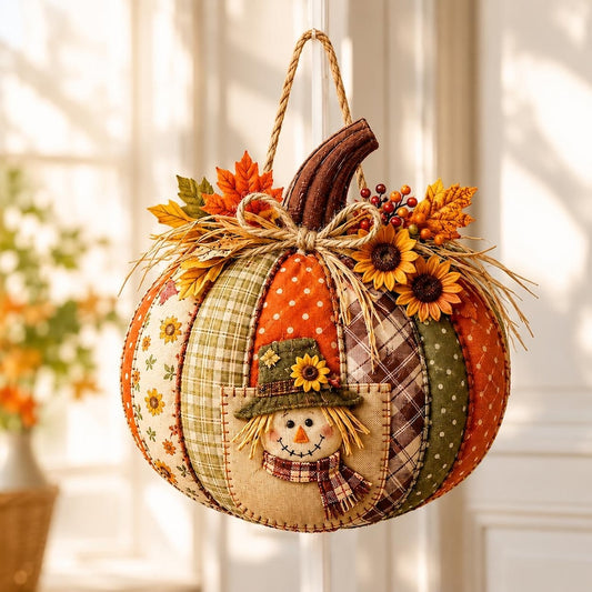 Patchwork Pumpkin Wood Sign, Scarecrow Fall Door Hanger, Rustic Sunflower Autumn Decor, Thanksgiving Farmhouse Wreath