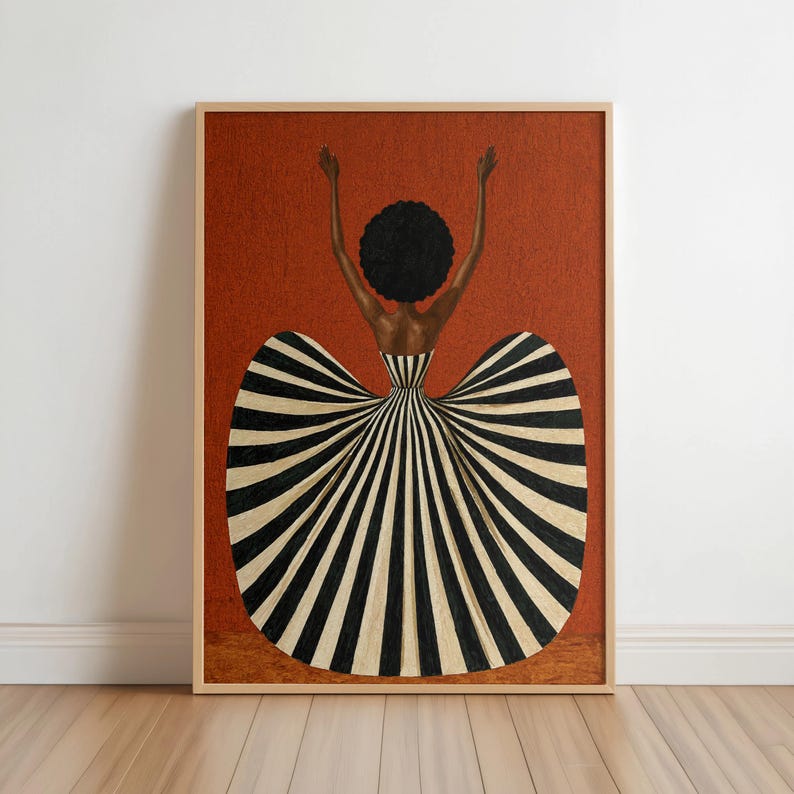 Black Woman in Striped Dress Art Print, Afrocentric Dancer Wall Decor, Vibrant Fashion Poster, Modern Mid Century African American Decor