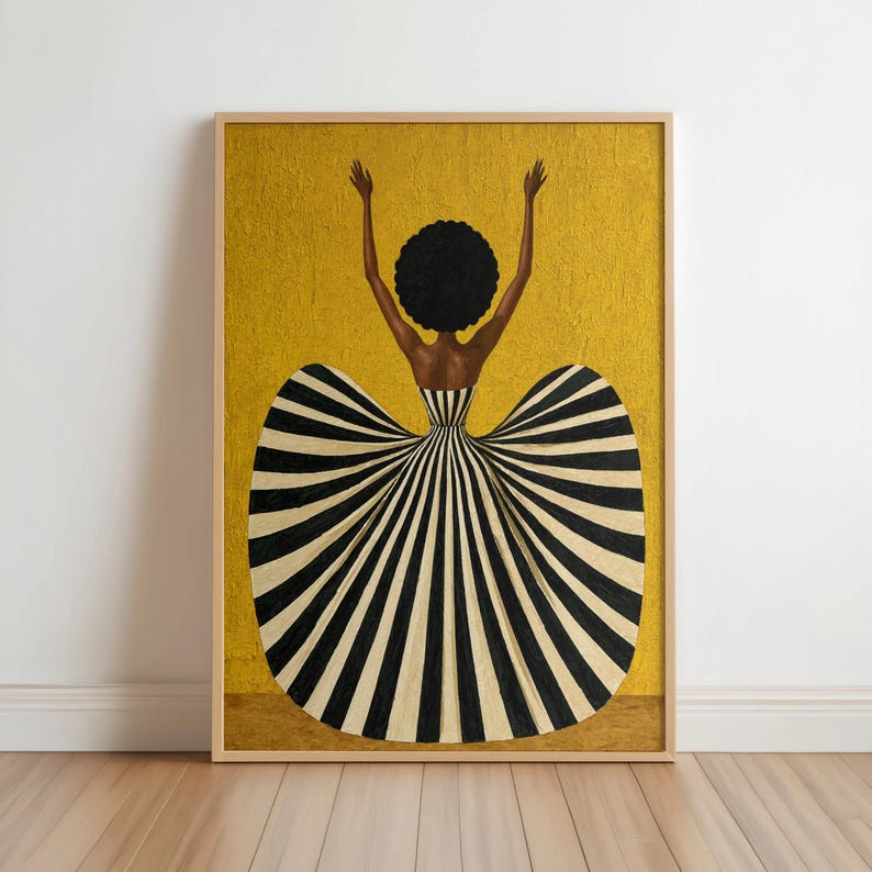 Black Woman in Striped Dress Art Print, Afrocentric Dancer Wall Decor, Vibrant Fashion Poster, Modern Mid Century African American Decor