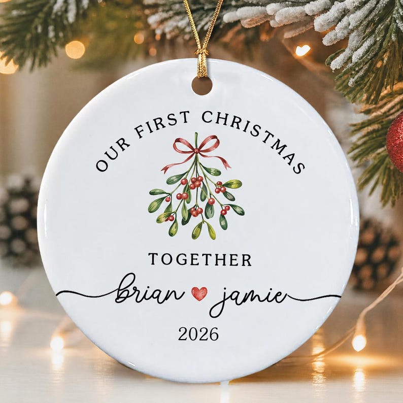 Personalized Couple Ornament, Our First Christmas Together, Mistletoe Ceramic Ornaments
