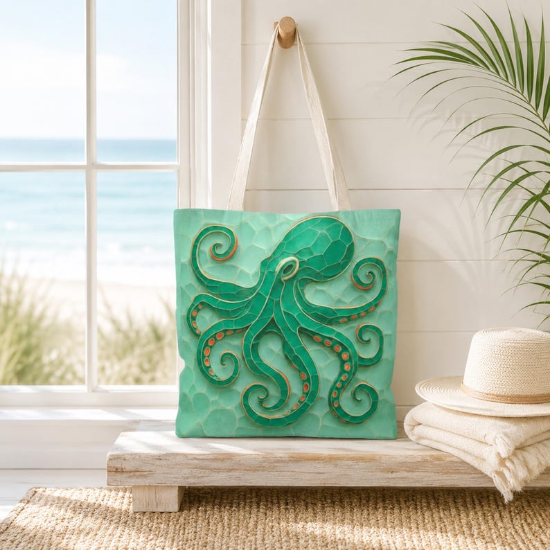 Coastal Octopus Tote Bag, Beach Tote Ocean Bag, Nautical Sea Life Bag, Coastal Market Tote, Ocean Lover Gift, Summer Beach Bag