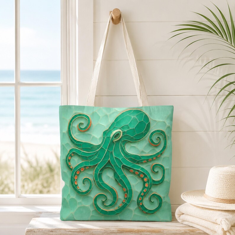 Coastal Octopus Tote Bag, Beach Tote Ocean Bag, Nautical Sea Life Bag, Coastal Market Tote, Ocean Lover Gift, Summer Beach Bag