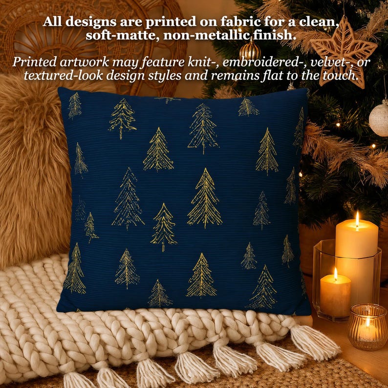 Gold Christmas Trees Pillow Cover, Woodland Fir Pattern Navy Throw Cushion Case, Her Cabin Chic Luxe Decor, Winter Aesthetic Pillowcase Gift