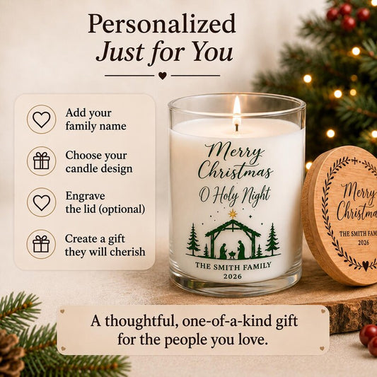 Personalized Christmas Candle, Christian Christmas Gift, Custom Family Gift, O Holy Night Candle, Engraved Lid