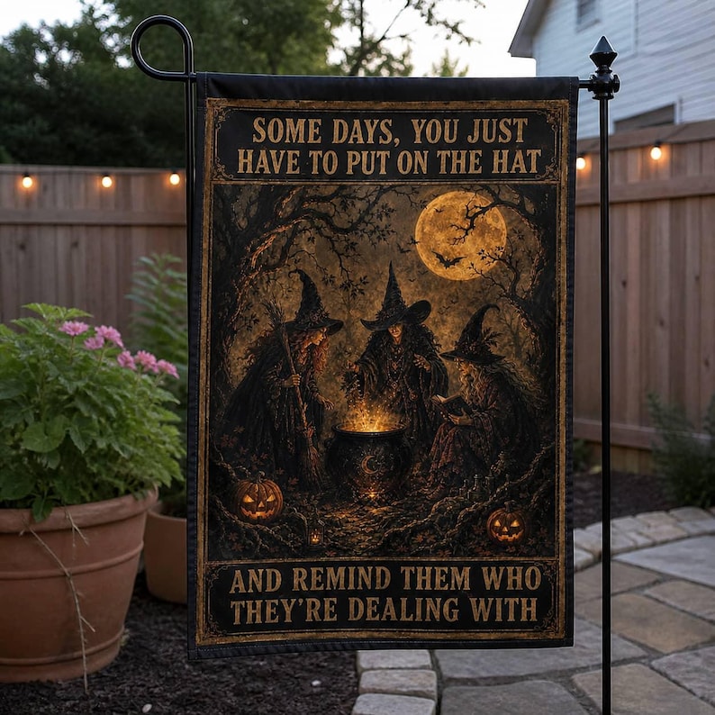 Black Halloween Garden Flag with Witches, Cauldron, Pumpkins and Moon