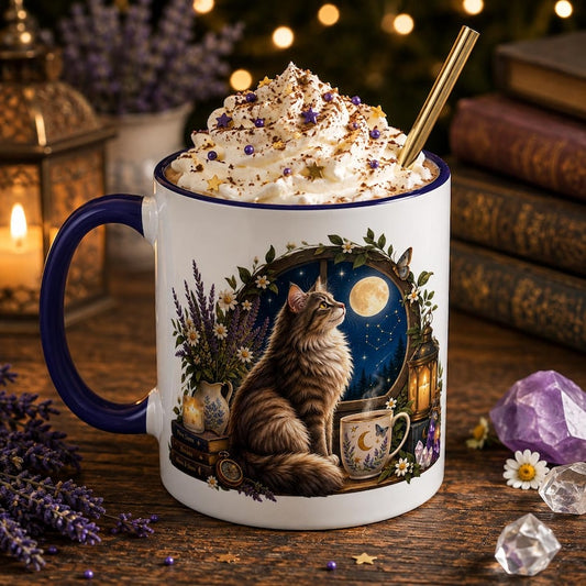 Celestial Cat Mug, Nine Lives Countless Dreams, Moon Stars, Navy Blue Ceramic Coffee Cup