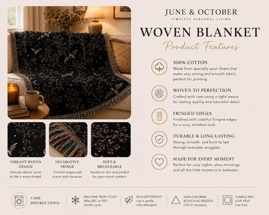 Gothic Woven Blanket Bat Tapestry Throw Celestial Moon Blanket Dark Floral Decor Halloween Blanket Victorian Gothic Home Decor