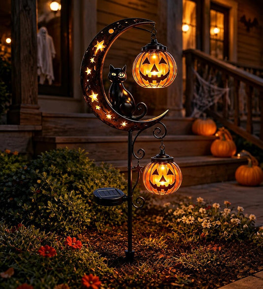 Solar Halloween Black Cat & Pumpkin Path Lights, Outdoor Moon Landscape Stakes, Spooky Garden Yard Decor