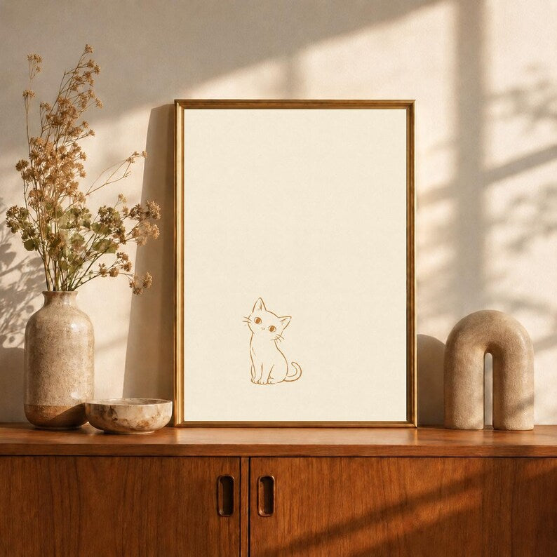 Minimalist Cat Poster, Cat Line Art Print, Boho Kitten Wall Art, Terracotta Nursery Decor, Cute Cat Line Drawing Print, Cat Lover Gift