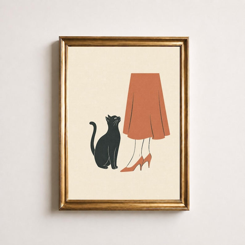 Black Cat Poster, Cat and Woman Print, Mid Century Modern Wall Art, Retro Fashion Decor Print, Terracotta Cat Wall Art, Cat Lover Gift