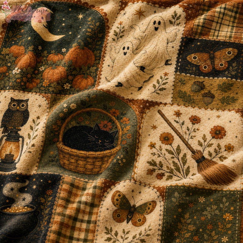 Vintage Halloween Flannel Blanket, Ghost Pumpkin Black Cat Throw, Owl Witchy Fall Decor, Cottagecore Autumn Blanket, Spooky Halloween Gift