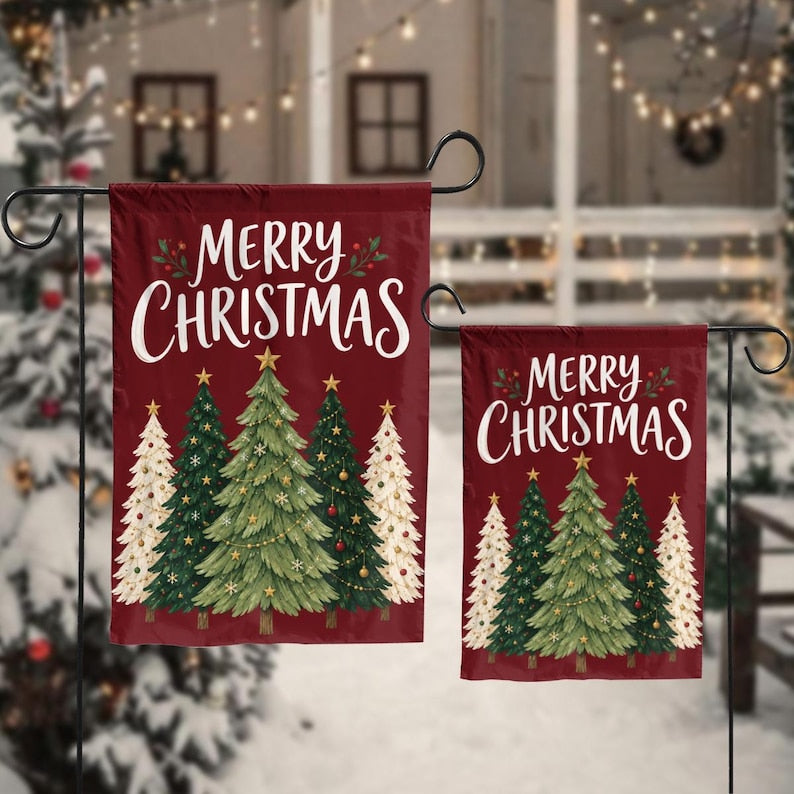 Merry Christmas Evergreen Tree Garden Flag, Winter Holiday Outdoor Decor