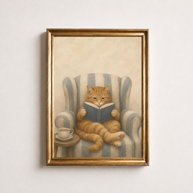 Ginger Cat Reading Poster, Tabby with Book in Armchair Print, Cozy Reading Nook Wall Art, Oil Painting Book Lover Decor, Cat Lover Gift