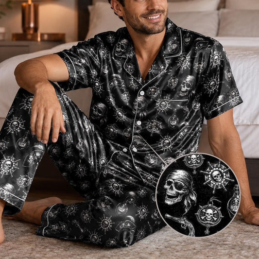 Cool Pirate Skull Pajama Set for Men, Black Satin PJs with Nautical Crossbones Print, Gothic Sleepwear with Pocket, Short & Long Sleeve