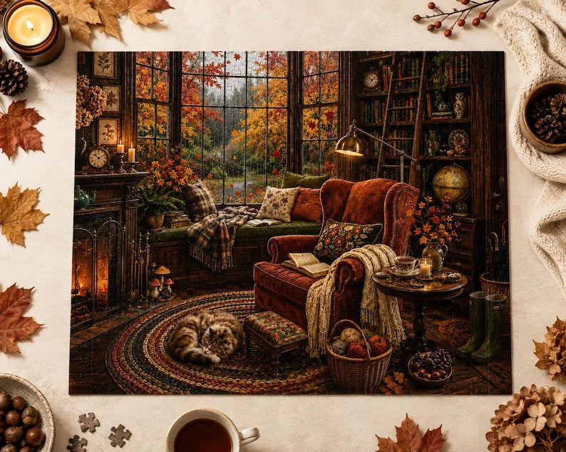 Cozy Autumn Puzzle for Adults Fall Reading Nook Cat Jigsaw Puzzle Book Lover Gift Rainy Day Activity Cozy Cottage Fall Decor 110-1014 Pieces