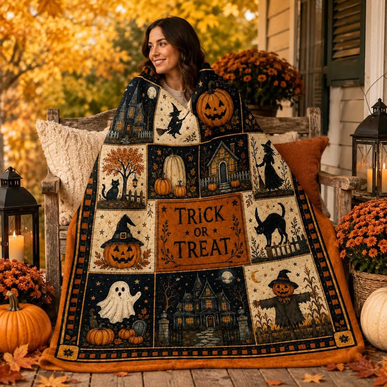 Vintage Halloween Flannel Blanket,Trick or Treat Pumpkin Ghost Witch Black Cat Throw,Spooky Autumn Home Decor,Cozy Fall Gift for Her Autumn
