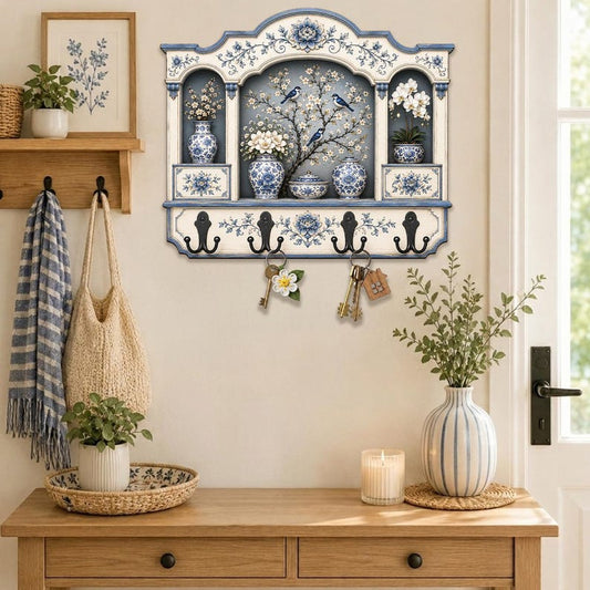 Blue Floral Key Holder, Chinoiserie Wall Organizer, Cottage Entryway Decor
