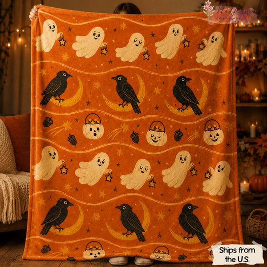 Cute Halloween Blanket, Ghost Raven Moon Throw, Pumpkin Candy Bucket Fall Decor, Vintage Cottagecore Spooky Season Gift