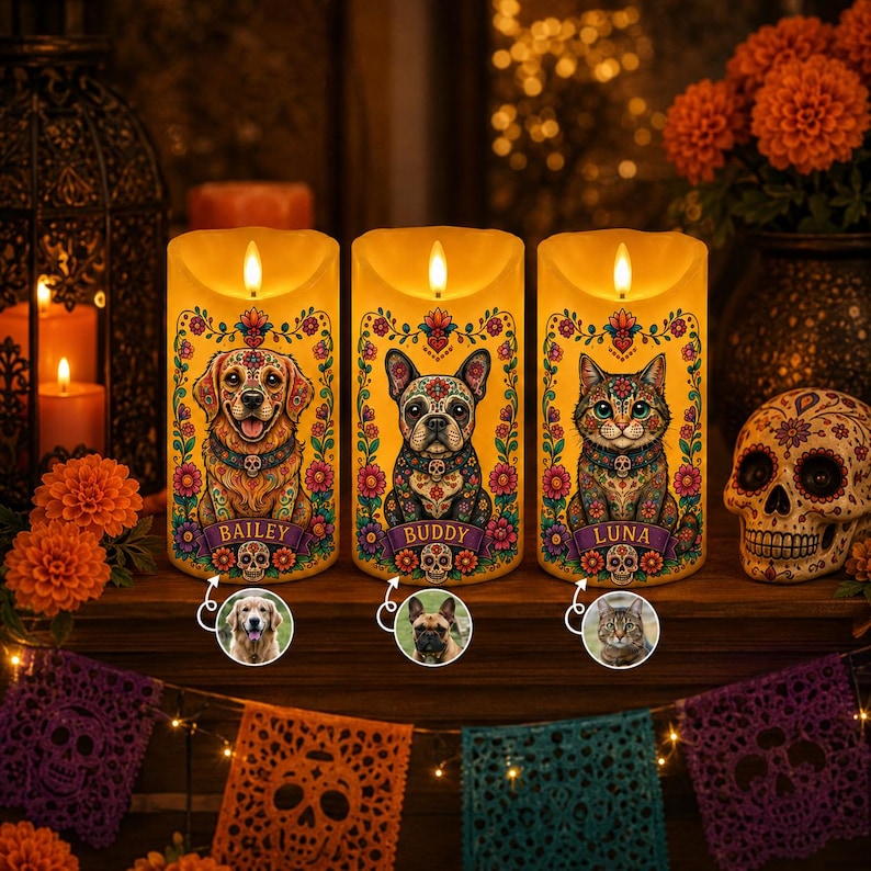 Personalized Pet Loss Candle, Custom Dog Memorial LED Candle, Sugar Skull Day of Dead Decor