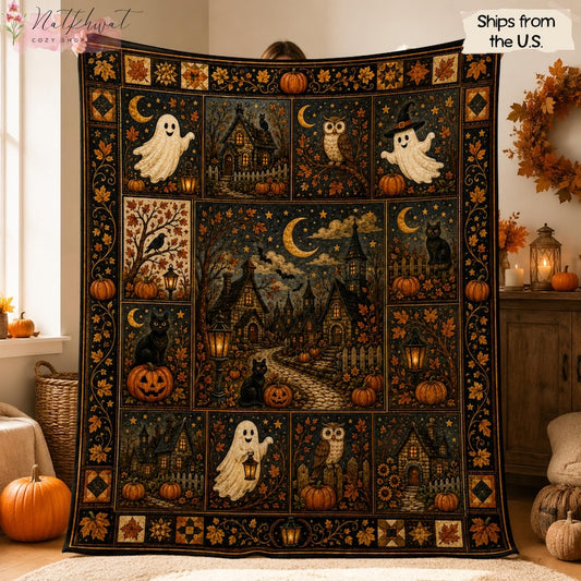 Vintage Halloween Blanket, Haunted Village Ghost Black Cat Pumpkin Throw, Folk Art Owl Moon Autumn Decor, Spooky Fall Cozy Cottage Home Gift