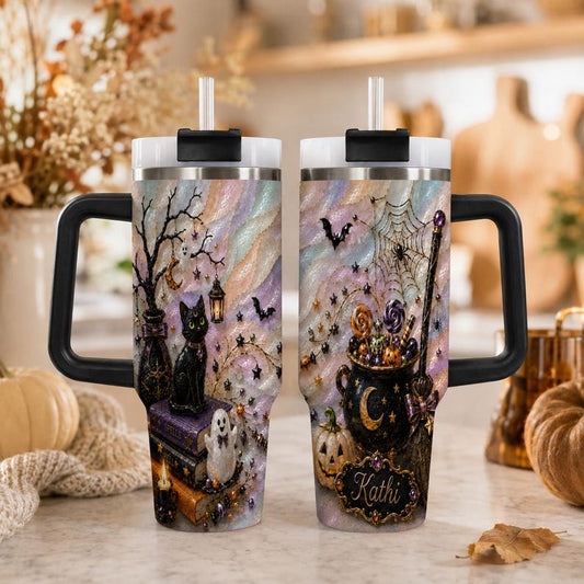 Personalized Black Cat Tumbler 40oz Witchy Halloween Cup Custom Name Cauldron Spooky Gift for Her Gothic Fall Drinkware