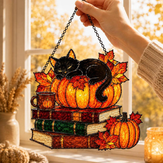 Black Cat Pumpkin Acrylic Suncatcher, Witchy Black Cat Book Stack Window Hanging, Halloween Suncatcher, Thanksgiving Gift For Cat Lovers