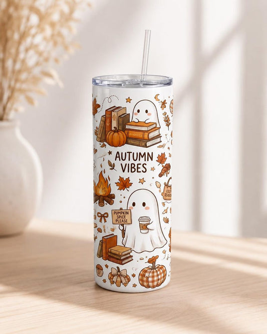 Bookish Ghost Tumbler, Autumn Vibes 20oz Skinny Cup, Fall Pumpkin Spice Gift